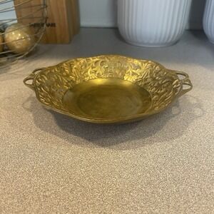 Vintage Brass Bowl with Handles Floral Decorated 6x5.5"